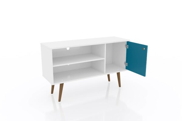 Manhattan Comfort Liberty 42.52" Mid-Century Modern TV Stand with 2 Shelves and 1 Door in White and Aqua Blue