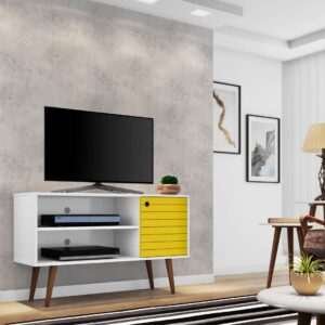 Manhattan Comfort Liberty 42.52" Mid-Century Modern TV Stand with 2 Shelves and 1 Door in White and Yellow