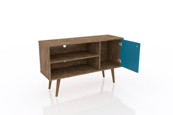 Manhattan Comfort Liberty 42.52" Mid-Century Modern TV Stand with 2 Shelves and 1 Door in Rustic Brown and Aqua Blue