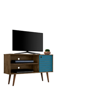 Manhattan Comfort Liberty 42.52" Mid-Century Modern TV Stand with 2 Shelves and 1 Door in Rustic Brown and Aqua Blue