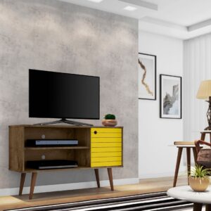 Manhattan Comfort Liberty 42.52" Mid-Century Modern TV Stand with 2 Shelves and 1 Door in Rustic Brown and Yellow