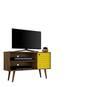 Manhattan Comfort Liberty 42.52" Mid-Century Modern TV Stand with 2 Shelves and 1 Door in Rustic Brown and Yellow