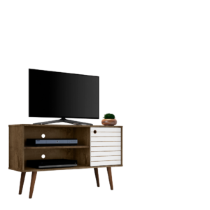 Manhattan Comfort Liberty 42.52" Mid-Century Modern TV Stand with 2 Shelves and 1 Door in Rustic Brown and White