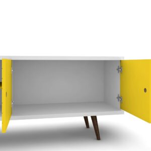 Manhattan Comfort Liberty 62.99 Mid-Century Modern TV Stand and Panel with Solid Wood Legs in White and Yellow