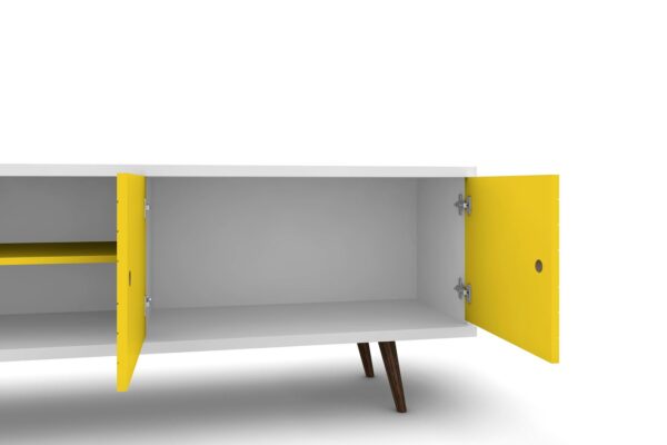 Manhattan Comfort Liberty 62.99 Mid-Century Modern TV Stand and Panel with Solid Wood Legs in White and Yellow