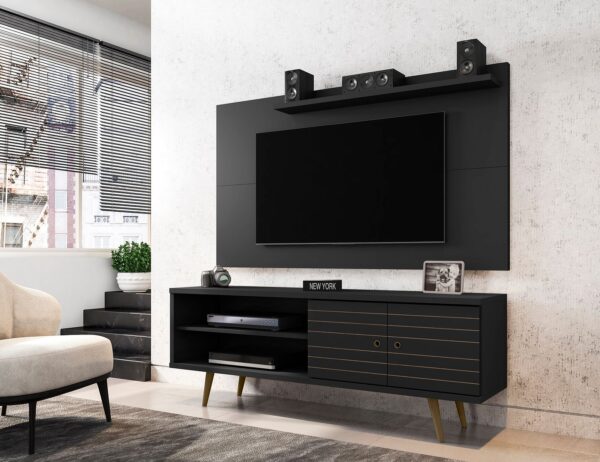 Manhattan Comfort Liberty 62.99 Mid-Century Modern TV Stand and Panel with Solid Wood Legs in Black