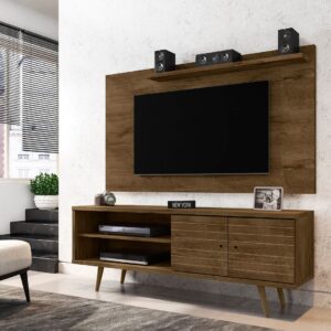 Manhattan Comfort Liberty 62.99 Mid-Century Modern TV Stand and Panel with Solid Wood Legs in Rustic Brown