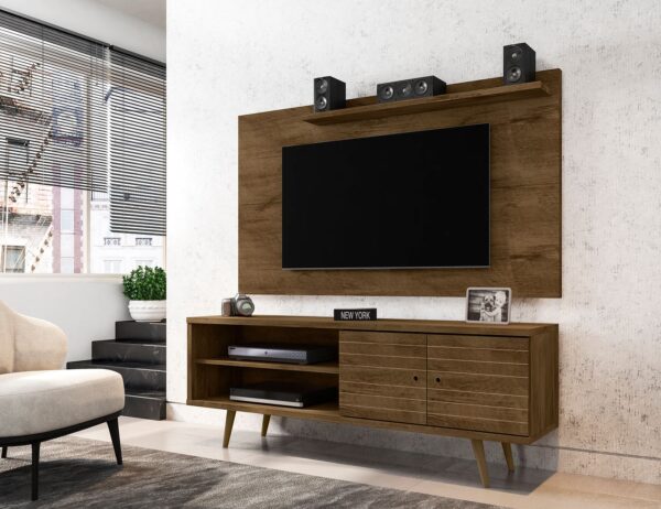 Manhattan Comfort Liberty 62.99 Mid-Century Modern TV Stand and Panel with Solid Wood Legs in Rustic Brown