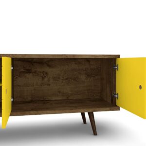 Manhattan Comfort Liberty 62.99 Mid-Century Modern TV Stand and Panel with Solid Wood Legs in Rustic Brown and Yellow