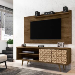 Manhattan Comfort Liberty 62.99 Mid-Century Modern TV Stand and Panel with Solid Wood Legs in Rustic Brown and 3D Brown Prints