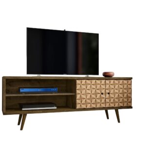 Manhattan Comfort Liberty 62.99 Mid-Century Modern TV Stand and Panel with Solid Wood Legs in Rustic Brown and 3D Brown Prints