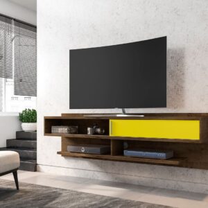 Manhattan Comfort Astor 70.86 Modern Floating Entertainment Center 1.0 with Media Shelves in Rustic Brown and Yellow