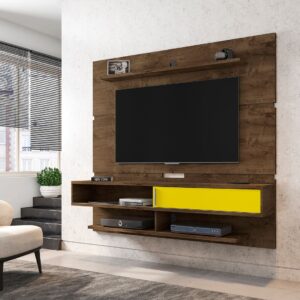 Manhattan Comfort Astor 70.86 Modern Floating Entertainment Center 2.0 with Media and D?cor Shelves in Rustic Brown and Yellow