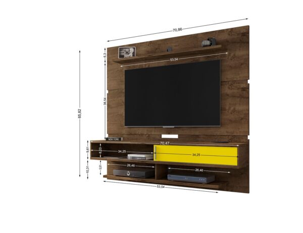 Manhattan Comfort Astor 70.86 Modern Floating Entertainment Center 2.0 with Media and D?cor Shelves in Rustic Brown and Yellow