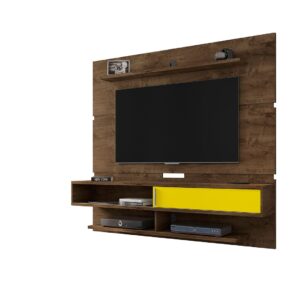 Manhattan Comfort Astor 70.86 Modern Floating Entertainment Center 2.0 with Media and D?cor Shelves in Rustic Brown and Yellow