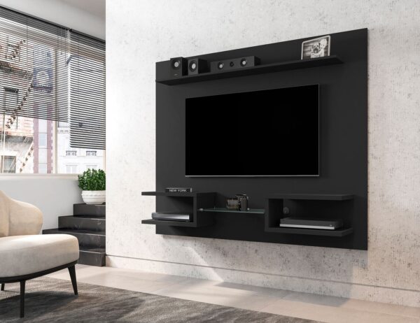 Manhattan Comfort Plaza 64.25 Modern Floating Wall Entertainment Center with Display Shelves in Black