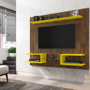 Manhattan Comfort Plaza 64.25 Modern Floating Wall Entertainment Center with Display Shelves in Rustic Brown and Yellow