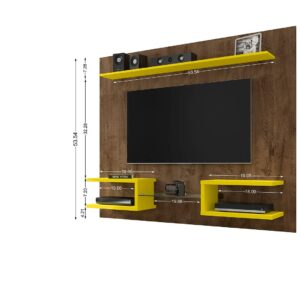 Manhattan Comfort Plaza 64.25 Modern Floating Wall Entertainment Center with Display Shelves in Rustic Brown and Yellow