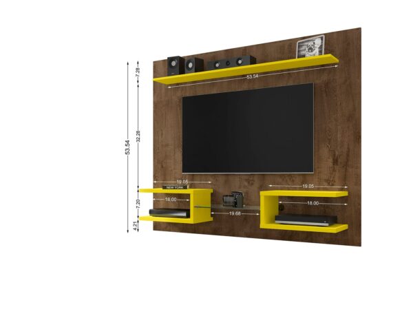 Manhattan Comfort Plaza 64.25 Modern Floating Wall Entertainment Center with Display Shelves in Rustic Brown and Yellow