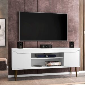 Manhattan Comfort Bradley 62.99 TV Stand White with 2 Media Shelves and 2 Storage Shelves in White with Solid Wood Legs