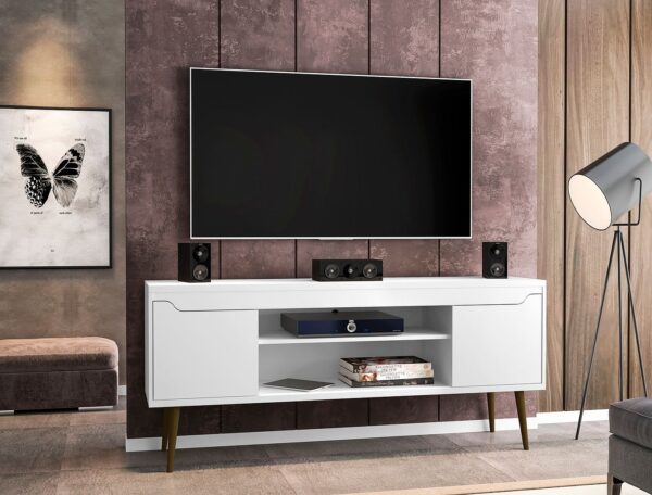 Manhattan Comfort Bradley 62.99 TV Stand White with 2 Media Shelves and 2 Storage Shelves in White with Solid Wood Legs