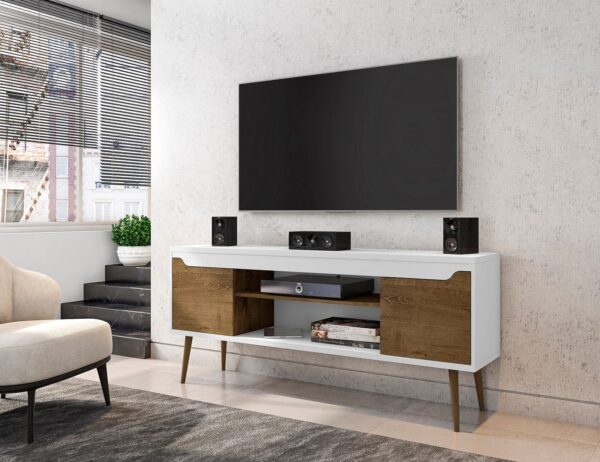 Manhattan Comfort Bradley 62.99 TV Stand White and Rustic Brown with 2 Media Shelves and 2 Storage Shelves in White and Rustic Brown with Solid Wood Legs