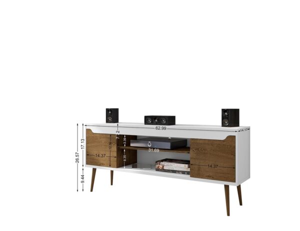 Manhattan Comfort Bradley 62.99 TV Stand White and Rustic Brown with 2 Media Shelves and 2 Storage Shelves in White and Rustic Brown with Solid Wood Legs