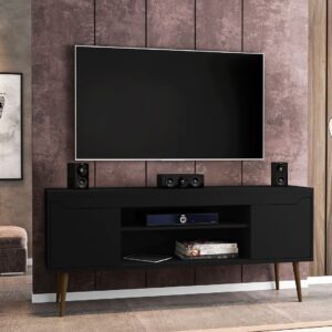 Manhattan Comfort Bradley 62.99 TV Stand Black with 2 Media Shelves and 2 Storage Shelves in Black with Solid Wood Legs