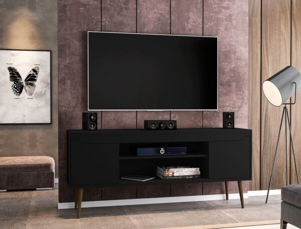 Manhattan Comfort Bradley 62.99 TV Stand Black with 2 Media Shelves and 2 Storage Shelves in Black with Solid Wood Legs