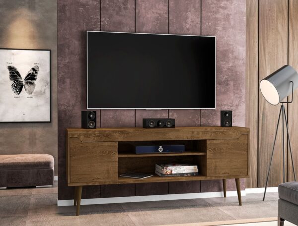 Manhattan Comfort Bradley 62.99 TV Stand Rustic Brown with 2 Media Shelves and 2 Storage Shelves in Rustic Brown with Solid Wood Legs