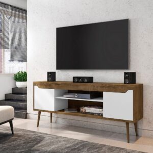 Manhattan Comfort Bradley 62.99 TV Stand Rustic Brown and White with 2 Media Shelves and 2 Storage Shelves in Rustic Brown and White with Solid Wood Legs