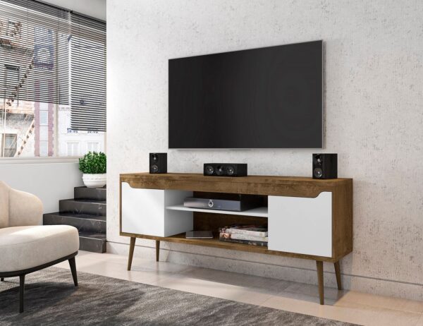 Manhattan Comfort Bradley 62.99 TV Stand Rustic Brown and White with 2 Media Shelves and 2 Storage Shelves in Rustic Brown and White with Solid Wood Legs