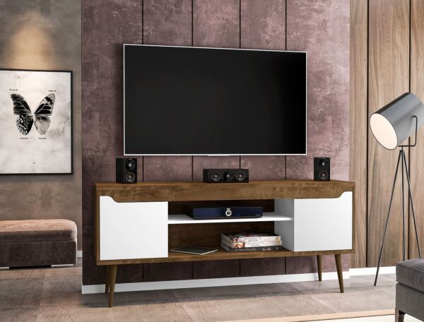 Manhattan Comfort Bradley 62.99 TV Stand Rustic Brown and White with 2 Media Shelves and 2 Storage Shelves in Rustic Brown and White with Solid Wood Legs