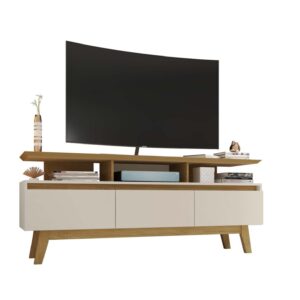 Manhattan Comfort Yonkers 62.99 TV Stand with Solid Wood Legs and 6 Media and Storage Compartments in Off White and Cinnamon