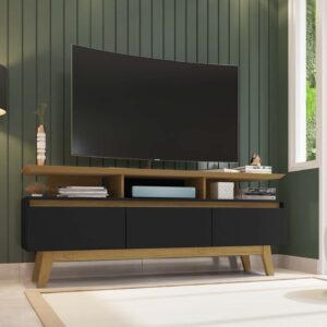 Manhattan Comfort Yonkers 62.99 TV Stand with Solid Wood Legs and 6 Media and Storage Compartments in Black and Cinnamon