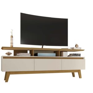 Manhattan Comfort Yonkers 70.86 TV Stand with Solid Wood Legs and 6 Media and Storage Compartments in Off White and Cinnamon