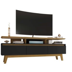 Manhattan Comfort Yonkers 70.86 TV Stand with Solid Wood Legs and 6 Media and Storage Compartments in Black and Cinnamon