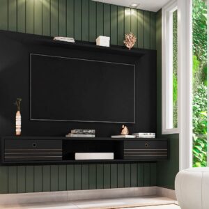 Manhattan Comfort Liberty 70.86 Floating Wall Entertainment Center with Overhead Shelf in Black