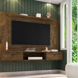 Manhattan Comfort Liberty 70.86 Floating Wall Entertainment Center with Overhead Shelf in Rustic Brown