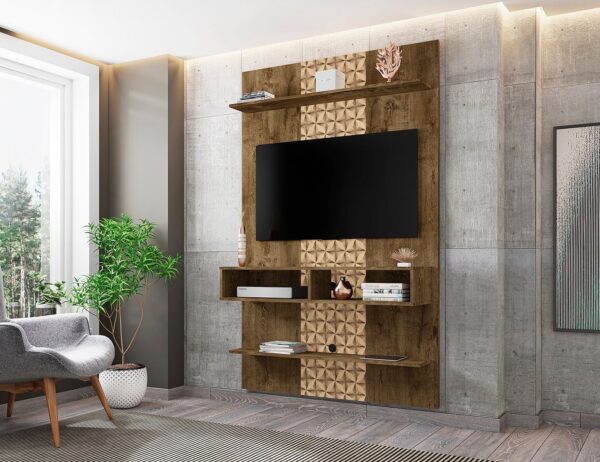 Manhattan Comfort Libra Long Floating 45.35 Wall Entertainment Center with Overhead Shelf in Rustic Brown and 3D Brown Prints