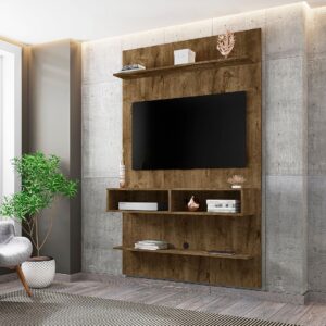 Manhattan Comfort Libra Long Floating 45.35 Wall Entertainment Center with Overhead Shelf in Rustic Brown