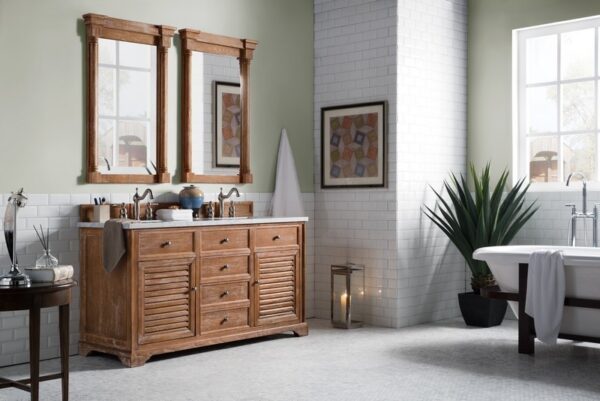 James Martin 238-104-5611-3CAR Savannah 60 Inch Driftwood Double Vanity with 3 cm Carrara Marble Top