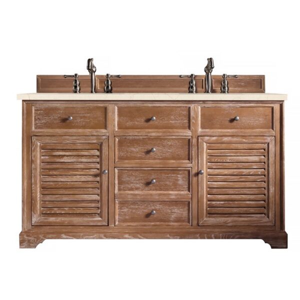 James Martin 238-104-5611-3EMR Savannah 60 Inch Double Vanity Cabinet in Driftwood with 3 CM Eternal Marfil Quartz Top