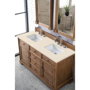 James Martin 238-104-5611-3EMR Savannah 60 Inch Double Vanity Cabinet in Driftwood with 3 CM Eternal Marfil Quartz Top