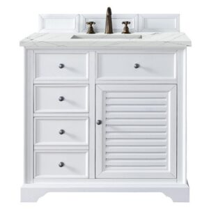 James Martin 238-104-V36-BW-3ENC Savannah 36 Inch Single Vanity Cabinet with Ethereal Noctis Quartz Top - Bright White