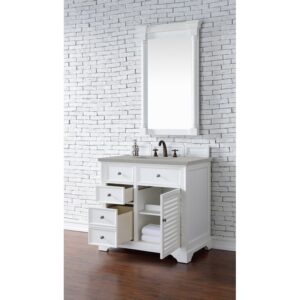 James Martin 238-104-V36-BW-3ESR Savannah 36 Inch Single Vanity Cabinet in Bright White with 3 CM Eternal Serena Quartz Top