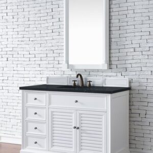 James Martin 238-104-V48-BW-3CSP Savannah 48 Inch Single Vanity Cabinet in Bright White with 3 cm Charcoal Soapstone Quartz Top with Sink