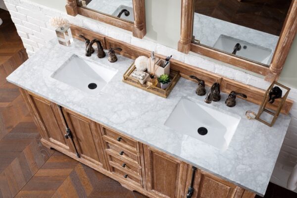 James Martin 238-105-5711-3CAR Providence 72 Inch Driftwood Double Vanity with 3 cm Carrara Marble Top