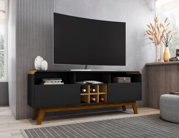 Manhattan Comfort Camberly 62.99 TV Stand with 5 Shelves and Wine Storage in Matte Black and Cinnamon