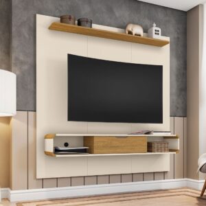 Manhattan Comfort Camberly 62.36 Floating Entertainment Center with 3 Shelves and Overhead D?cor Shelf in Off White and Cinnamon